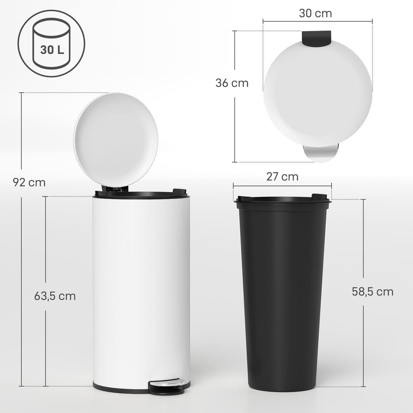 HOMCOM Mülleimer 30L, Treteimer, einrastbarer Deckel, Pedal, fleckenresistent, Cremeweiß