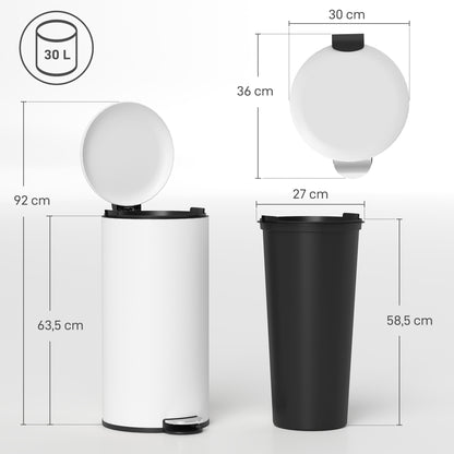 HOMCOM Mülleimer 30L, Treteimer, einrastbarer Deckel, Pedal, fleckenresistent, Cremeweiß