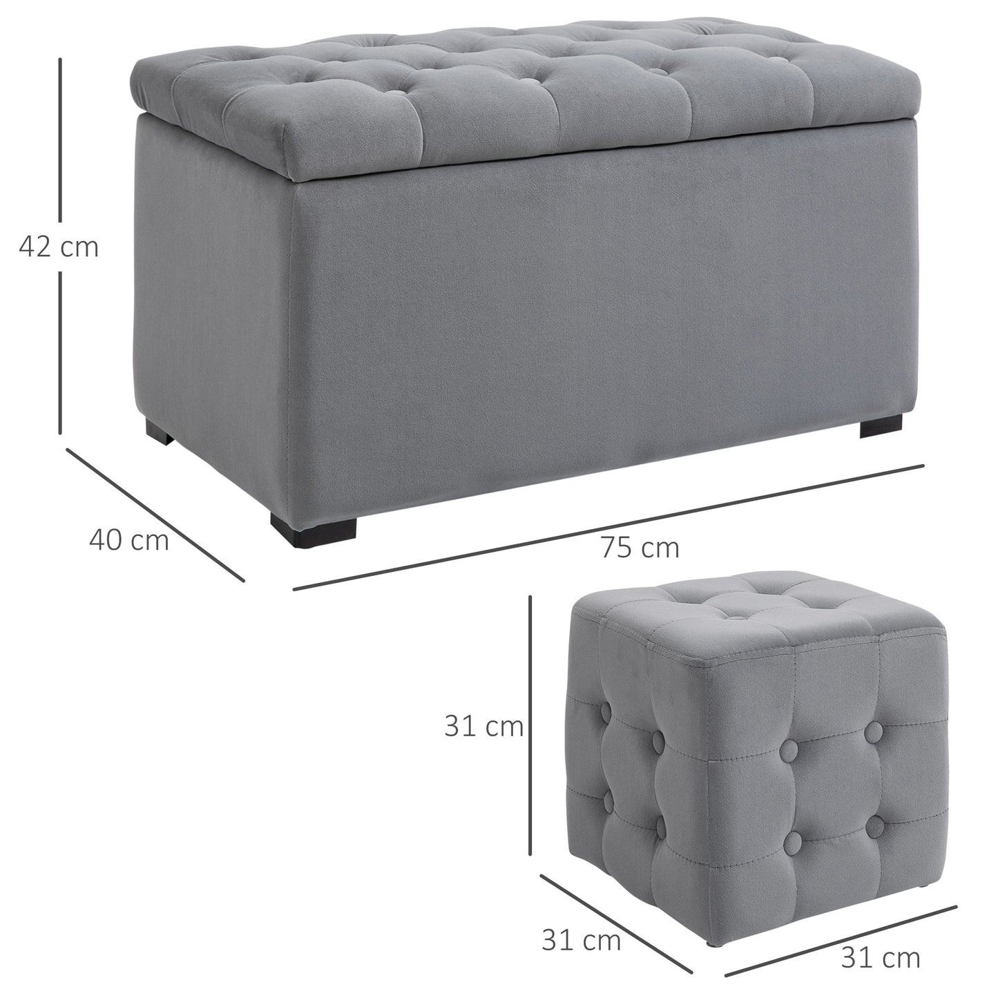 HOMCOM 3-teiliges Set mit Stauraum, 2 x Sitzhocker, Polster-Sitztruhe, Fußhocker, Aufbewahrungsbox, Fußablage, belastbar bis 130 kg, Mikrofaserstoff, Schaumstoff, 75 x 40 x 42 cm, Hellgrau
