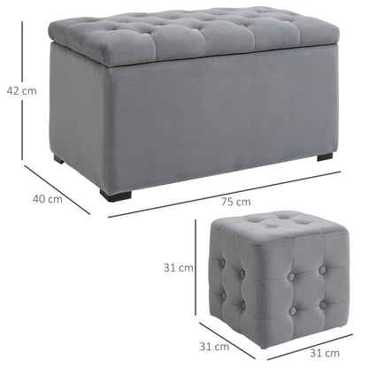 HOMCOM 3-teiliges Set mit Stauraum, 2 x Sitzhocker, Polster-Sitztruhe, Fußhocker, Aufbewahrungsbox, Fußablage, belastbar bis 130 kg, Mikrofaserstoff, Schaumstoff, 75 x 40 x 42 cm, Hellgrau