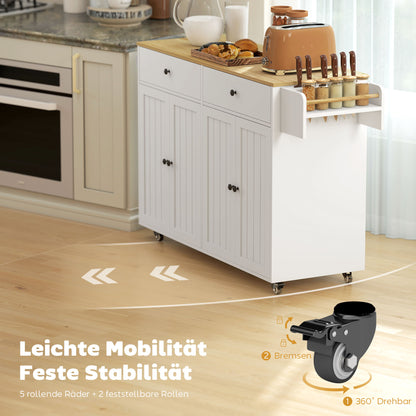 HOMCOM Rollbare Kücheninsel, 2 Schubladen, 2 Schränke, verschiebbar, Gewürzregal, Handtuchhalter, Messerhalter, MDF, Weiß