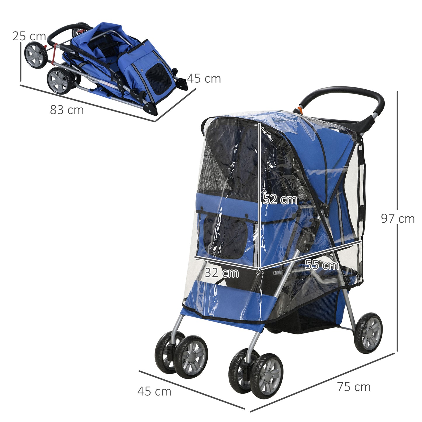 PawHut Hundebuggy Hundewagen bis 10 kg Klappbar Regenschutz Bodenkorb 2 Becherhalter 75 cm x 45 cm x 97 cm, Blau