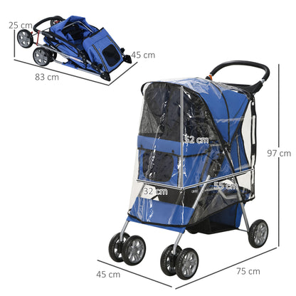 PawHut Hundebuggy Hundewagen bis 10 kg Klappbar Regenschutz Bodenkorb 2 Becherhalter 75 cm x 45 cm x 97 cm, Blau