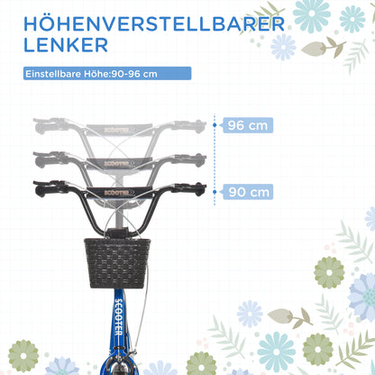 HOMCOM Kinderroller, Scooter mit Bremse, inkl. Korb, höhenverstellbar, für Kinder 5-12 J., blau+schwarz