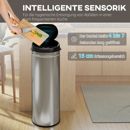 HOMCOM 50 Liter Sensor-Mülleimer mit Soft-Close-Funktion, berührungsfreier Abfalleimer aus Edelstahl für hygienische Küchen, Büros, Silberfarben