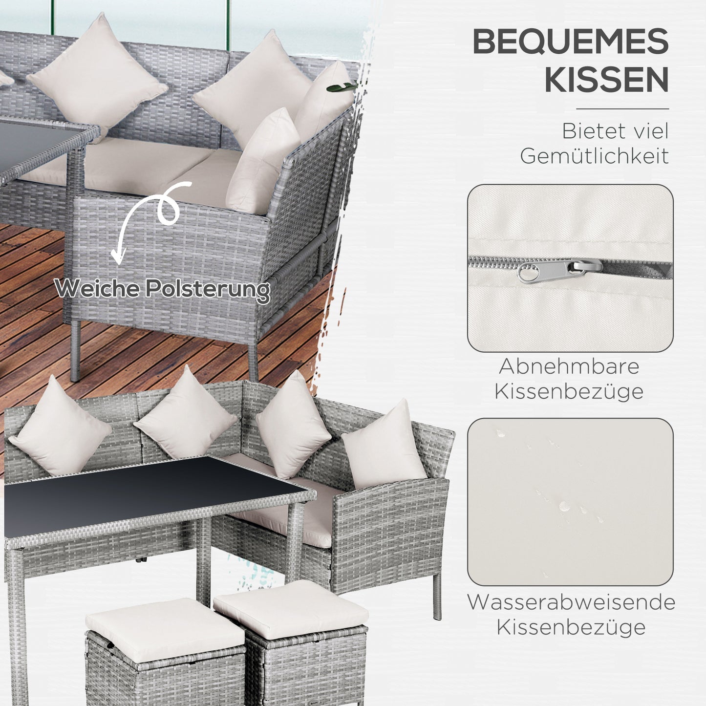 Outsunny 5-tlg. Gartenmöbel Set, Rattan Sitzgruppe mit Fußhocker, Metall, Grau, 142 x 60 x 75 cm