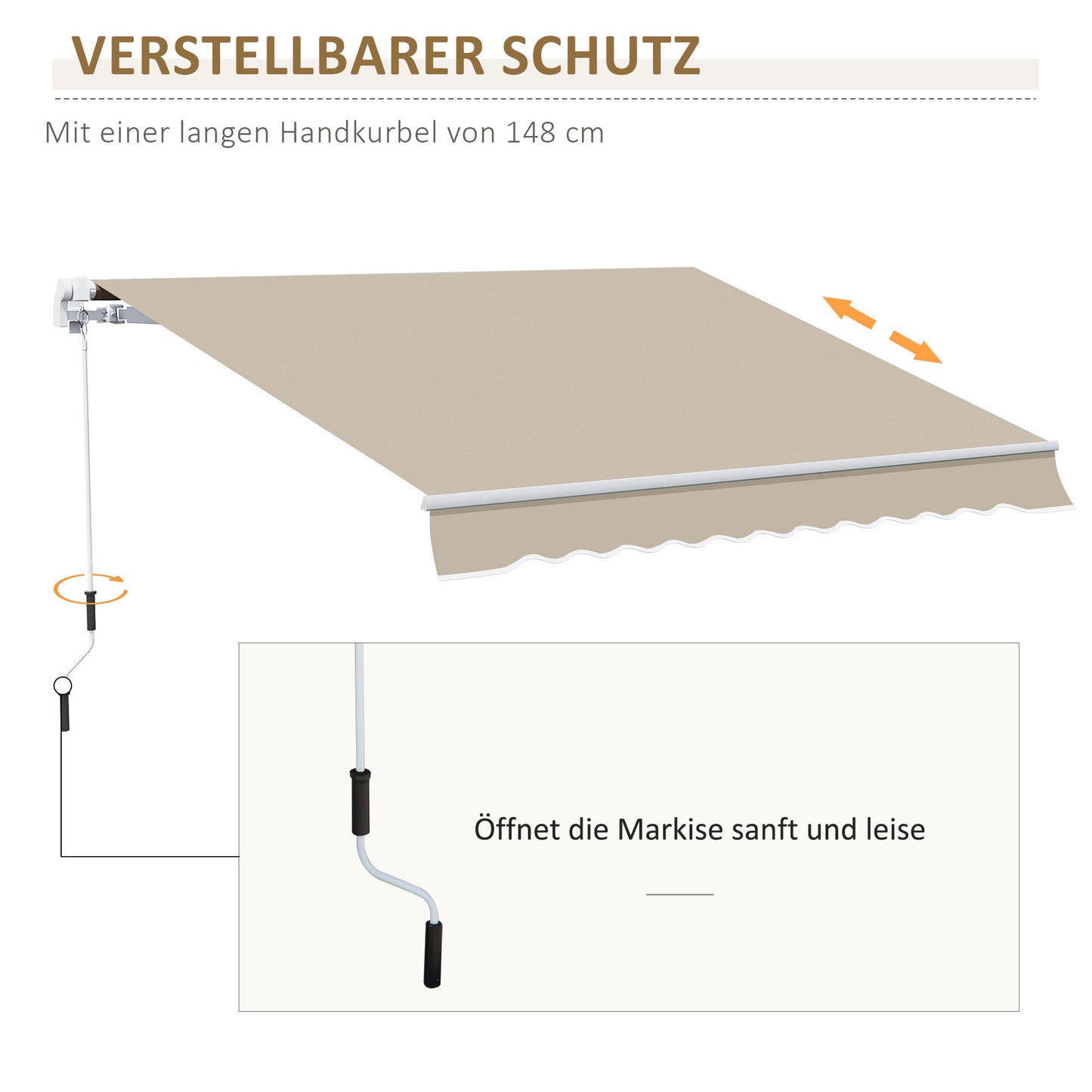 Outsunny Markise, Sonnenschutz, einfahrbar, mit Handkurbel, Metallrahmen, Polyester, Weiß+Beige, 3,95 x 2,45 m
