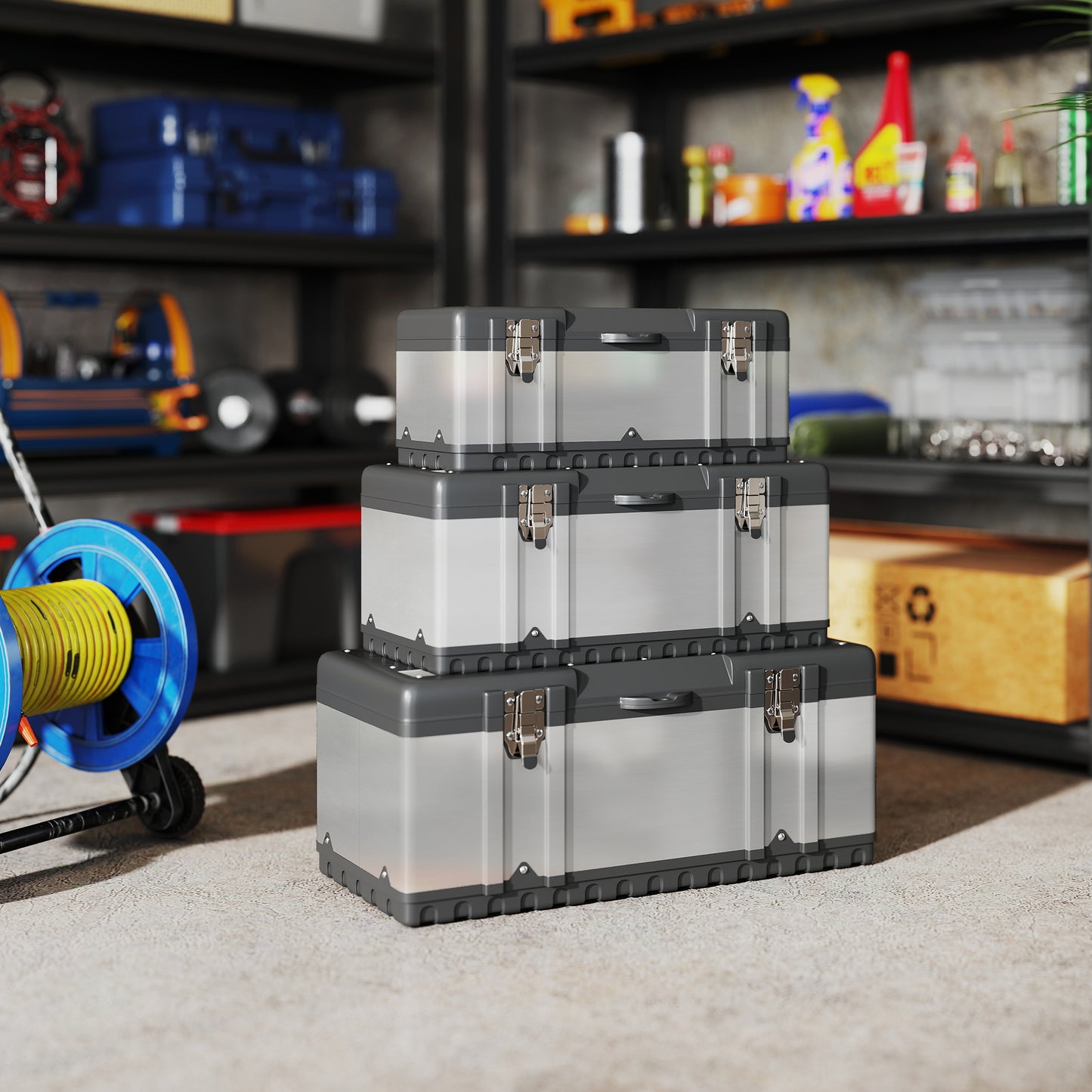 HOMCOM 3-teiliges Werkzeugkasten-Set, Edelstahl, Kunststoff, Silberfarben