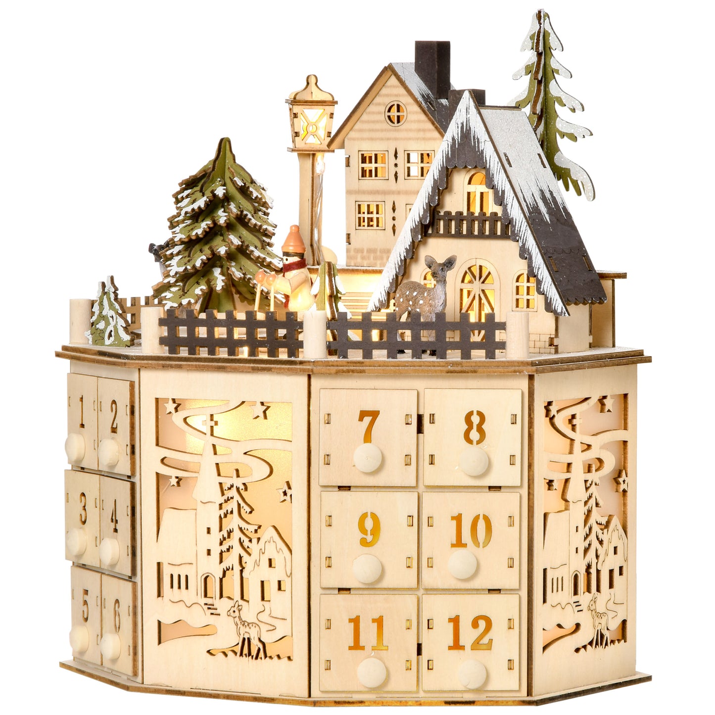 HOMCOM Adventskalender Adventskalenderbox Weihnachtsdekoration, LED-Lichter, 24 Schubladen, Natur