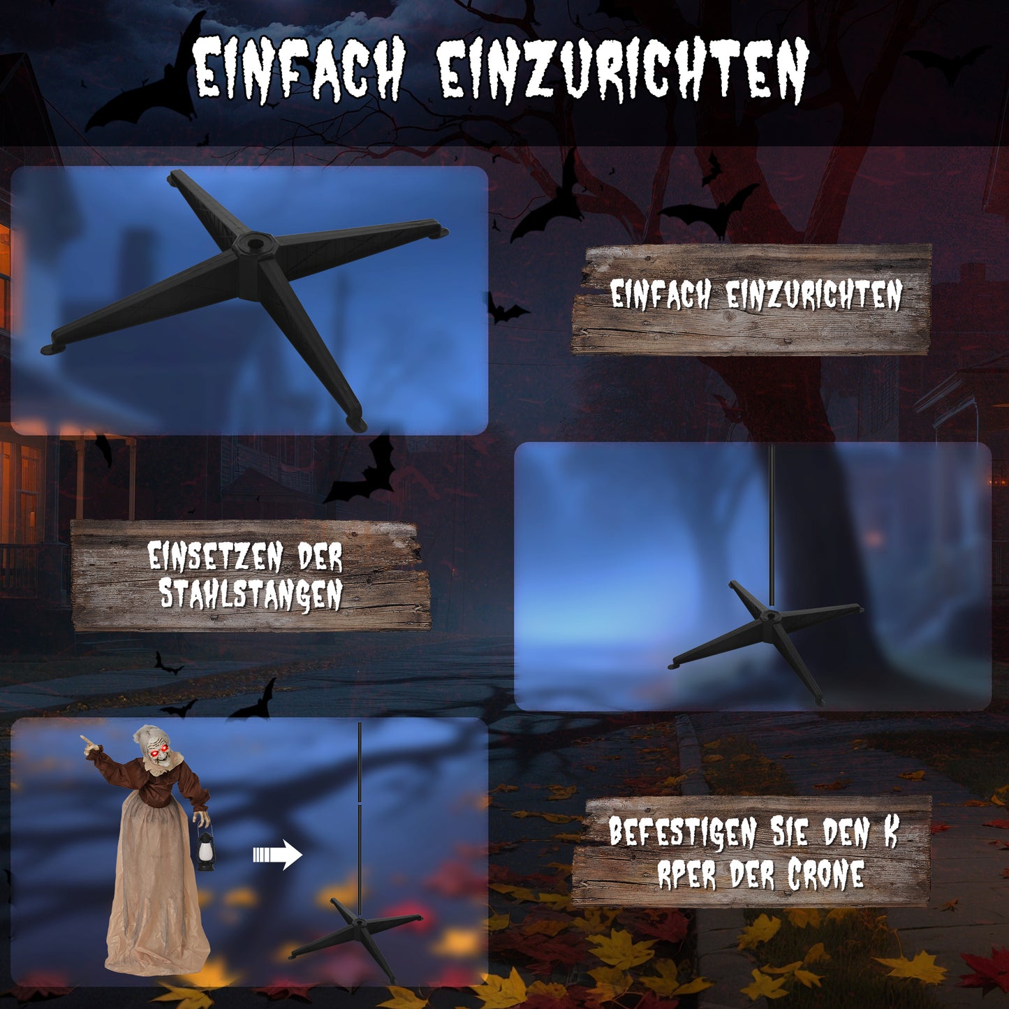 Outsunny 150 cm Halloween Dekoration Halloween Hexe mit LED-Lichter, Soundfunktion verstellbare Arme, Kopf