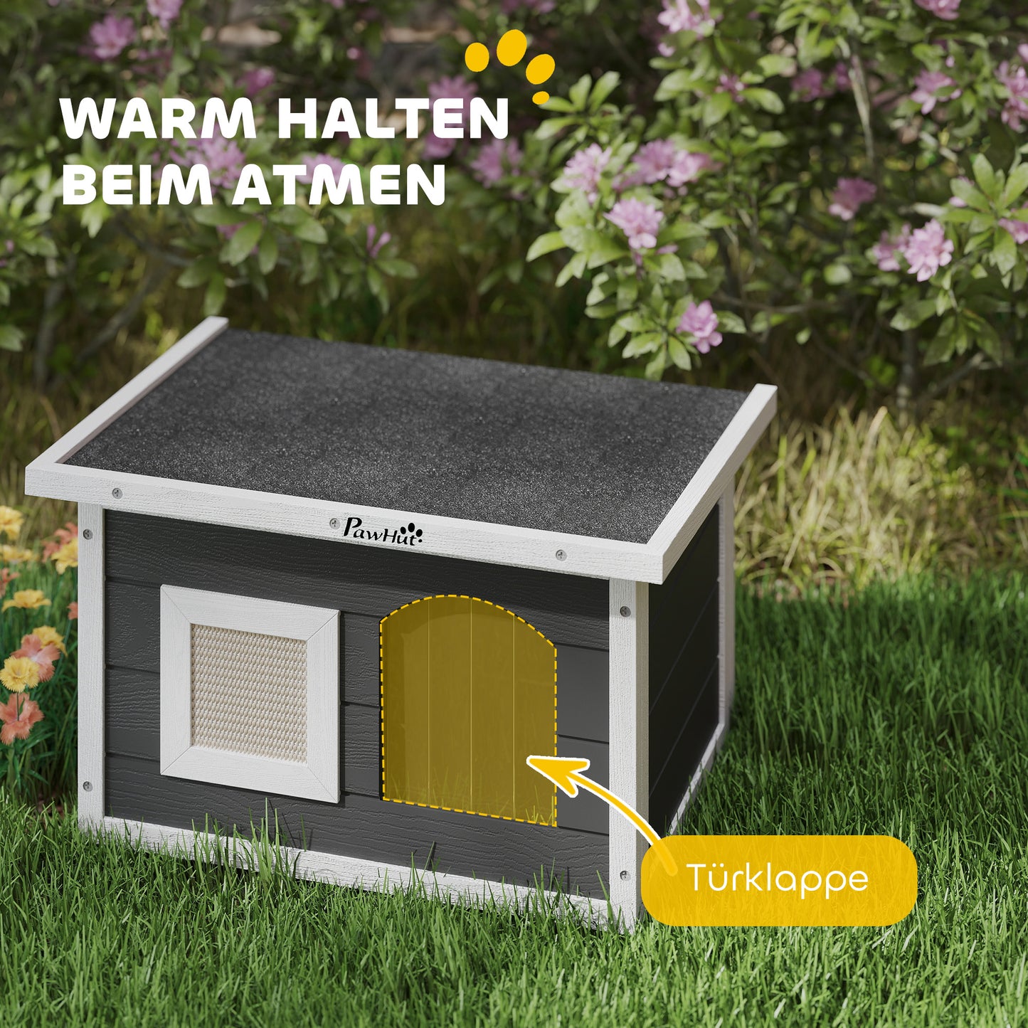 PawHut Katzenhaus, Rückzugsort für Katzen und Kaninchen, Holzhaus mit Kratzmatte, Türklappe, 61 x 45 x 36,5 cm, Grau