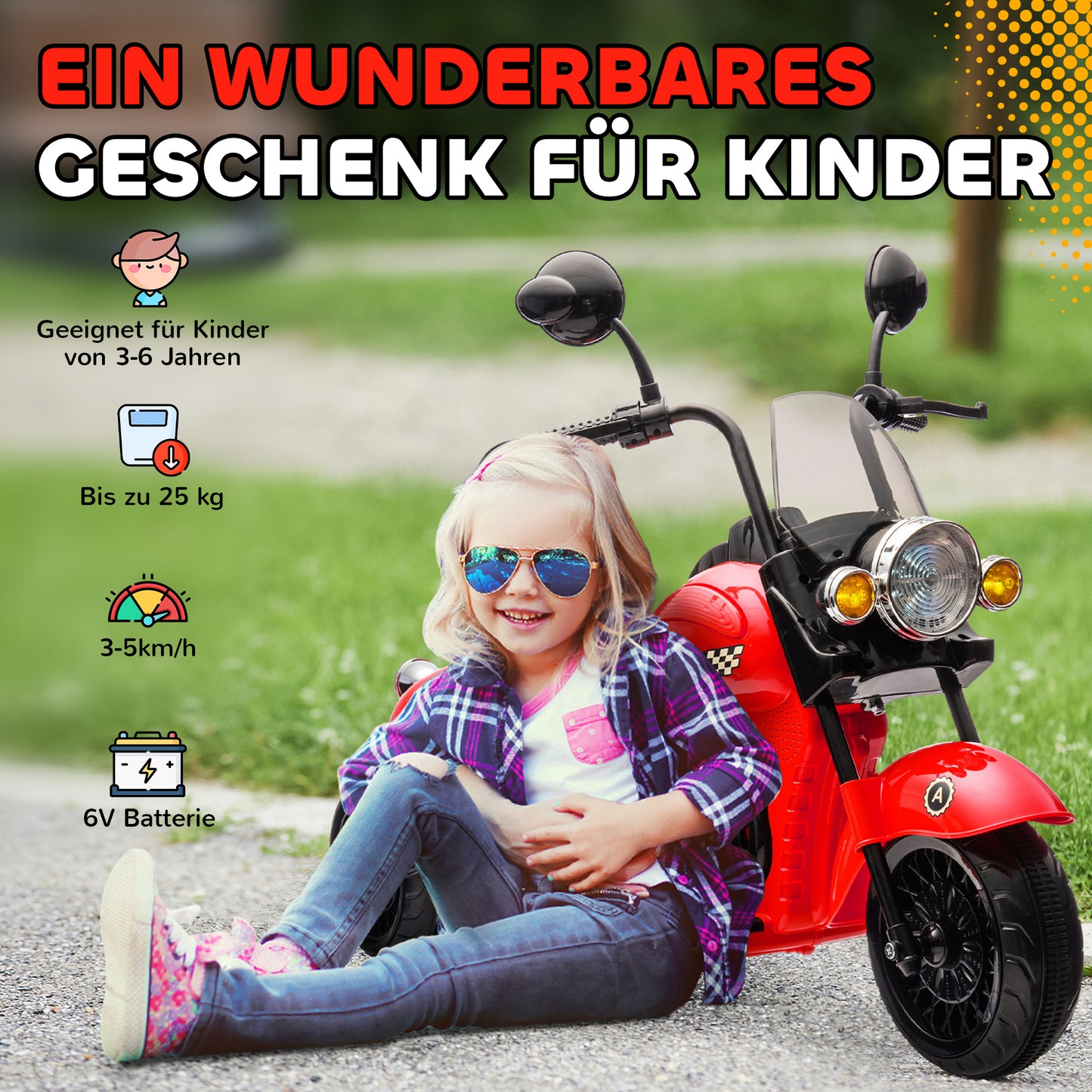AIYAPLAY Elektro-Kinder-Motorrad, 3 Räder, 6V Batterie-Betrieb, Scheinwerfer, Musik, für Kinder im Alter von 3-6 Jahren, Rot