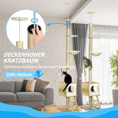 PawHut Kratzbaum, deckenhoch, Katzenhaus, zwei Plattformen, Hängematte, Kippschutz, hellbraun+beige, 40 x 40 x 260 cm
