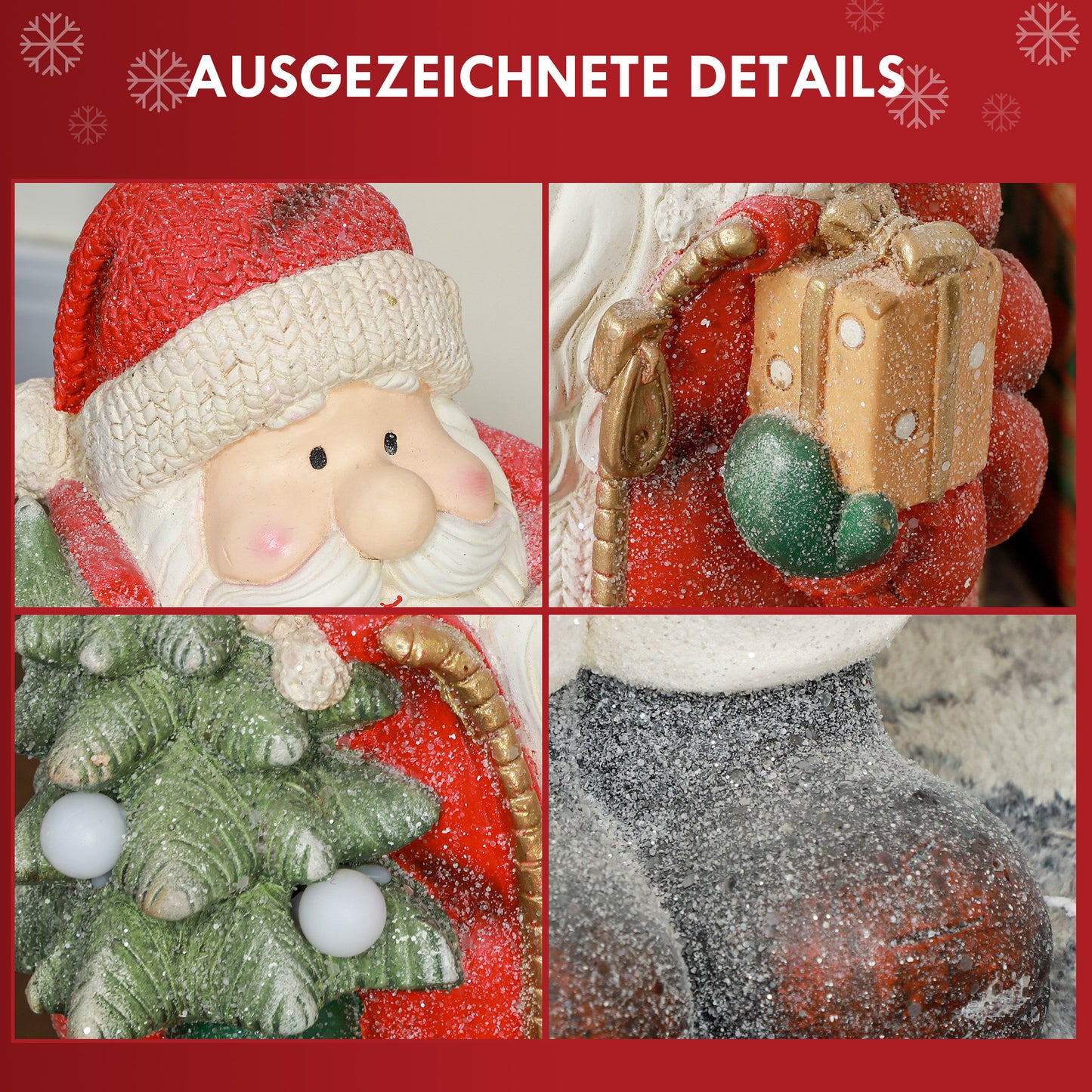 HOMCOM Weihnachtsmannfigur mit Baum und Geschenk, 3 warmweiße LEDs, batteriebetrieben, 50 cm