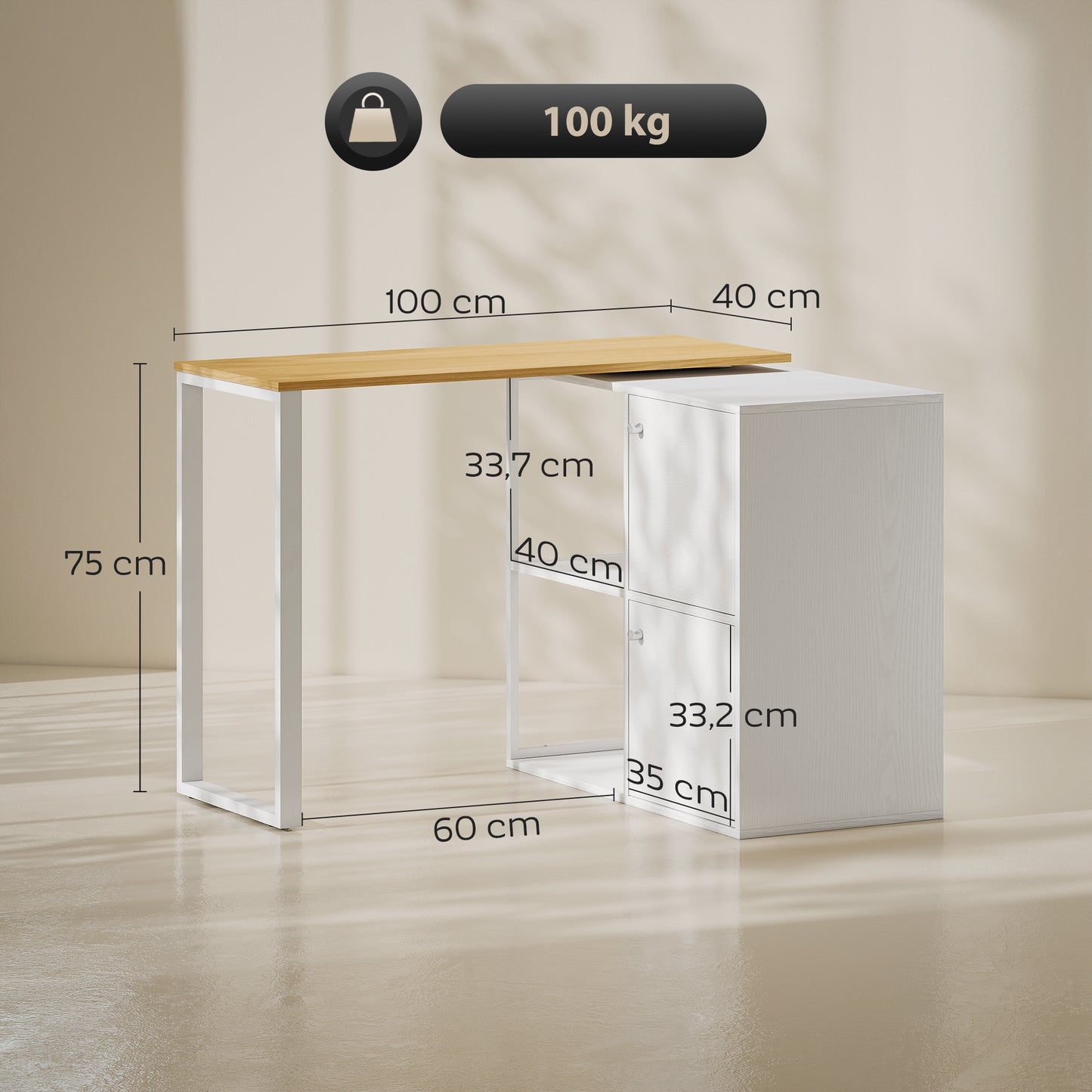HOMCOM Schreibtisch L-förmig, 360° drehbarer Eckschreibtisch mit 2 Lagerschränken, 2 offenen Regalen, Computertisch für kleine Räume, Arbeitszimmer, Wohnzimmer, 150x40x75 cm, Weiß