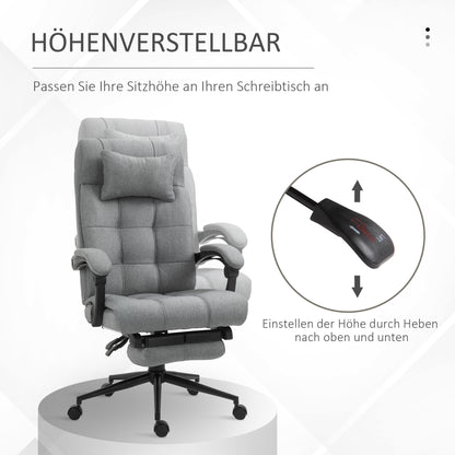 Vinsetto Bürostuhl mit Kopfkissen Armlehne Schreibtischstuhl mit Neigungswinkel Höhenverstellbarer Drehstuhl mit Fußstütze Leinen Schaumstoff PVC Hellgrau 66 x 76 x 112-120 cm