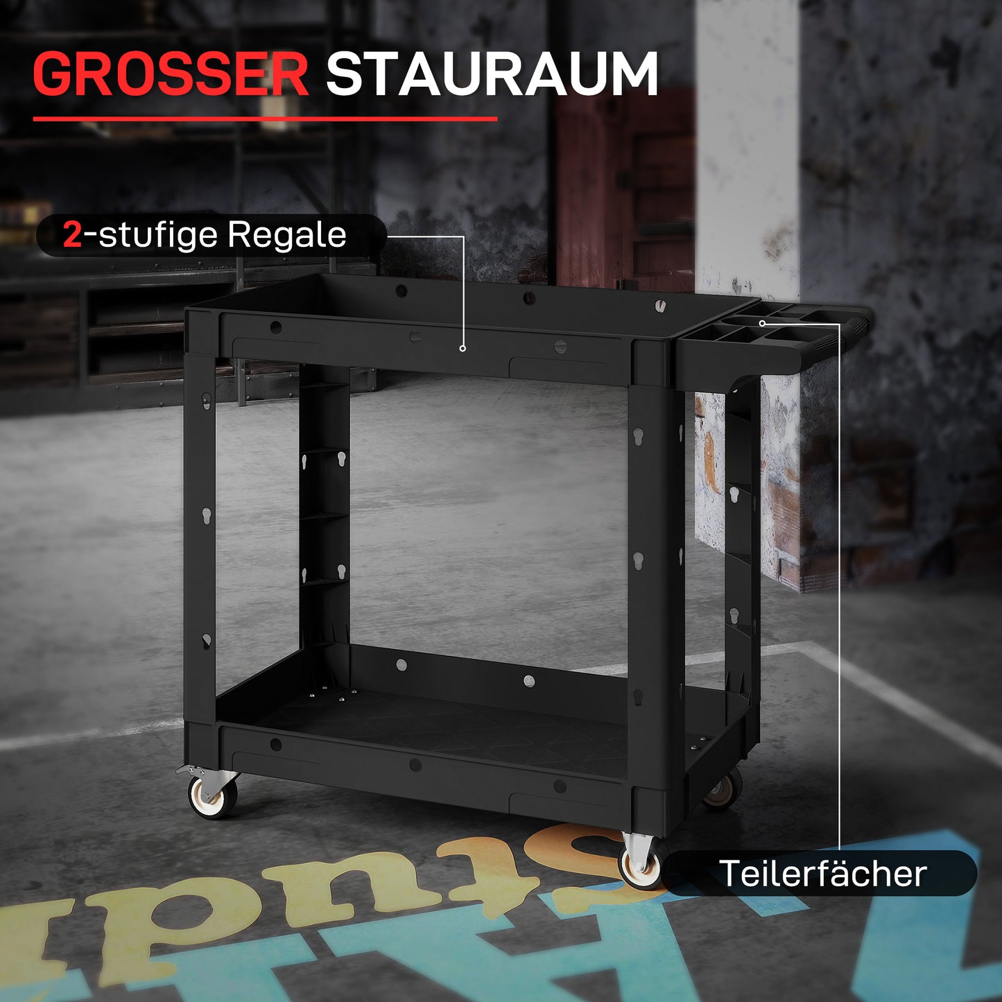 HOMCOM Werkzeugwagen, 2-stöckige Ablagen, Griff, Räder, Kunststoff, Schwarz