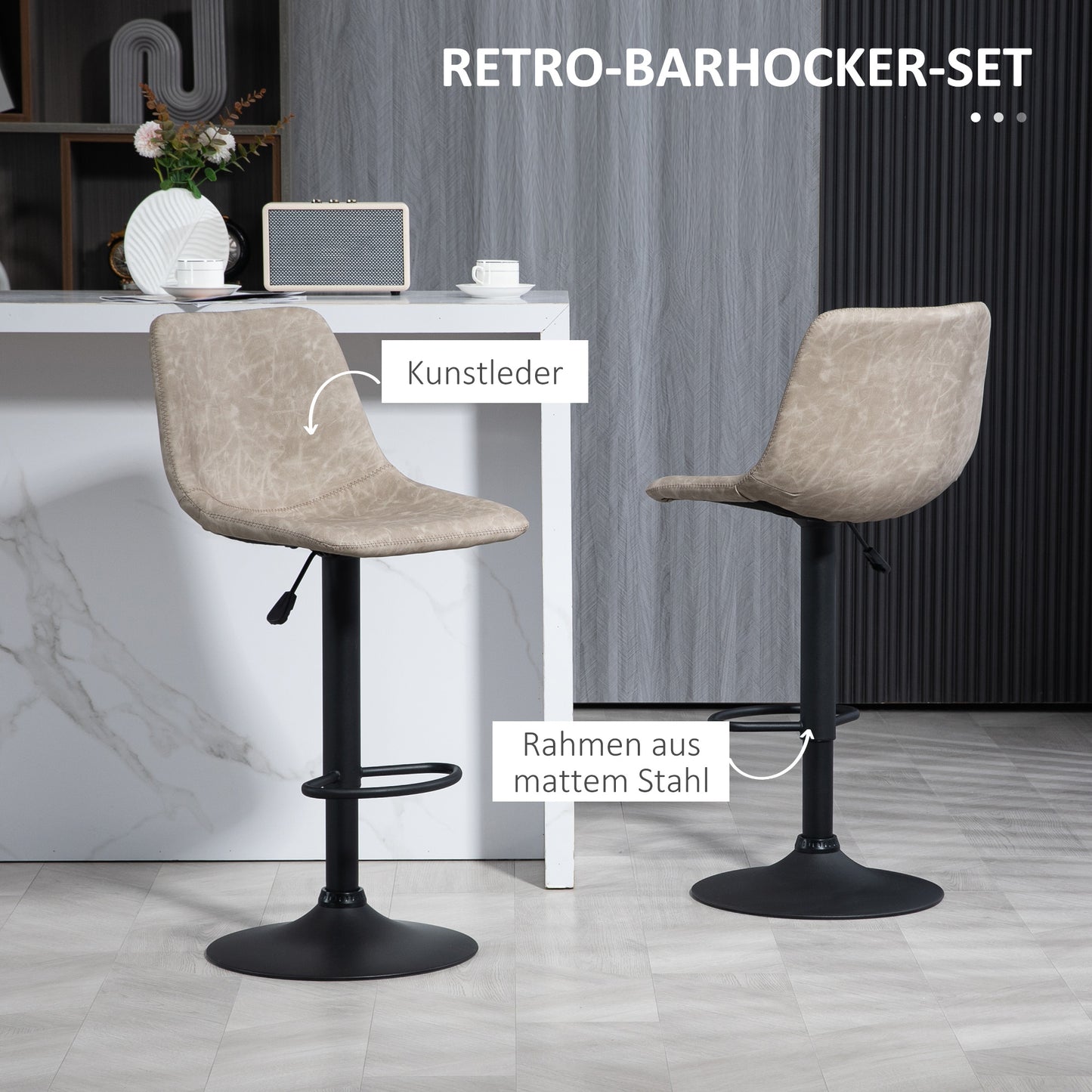HOMCOM Barhocker im 2er-Set, Retro-Design, höhenverstellbar, drehbar, Kunstleder, 42 x 48 x 91-112 cm, Beige