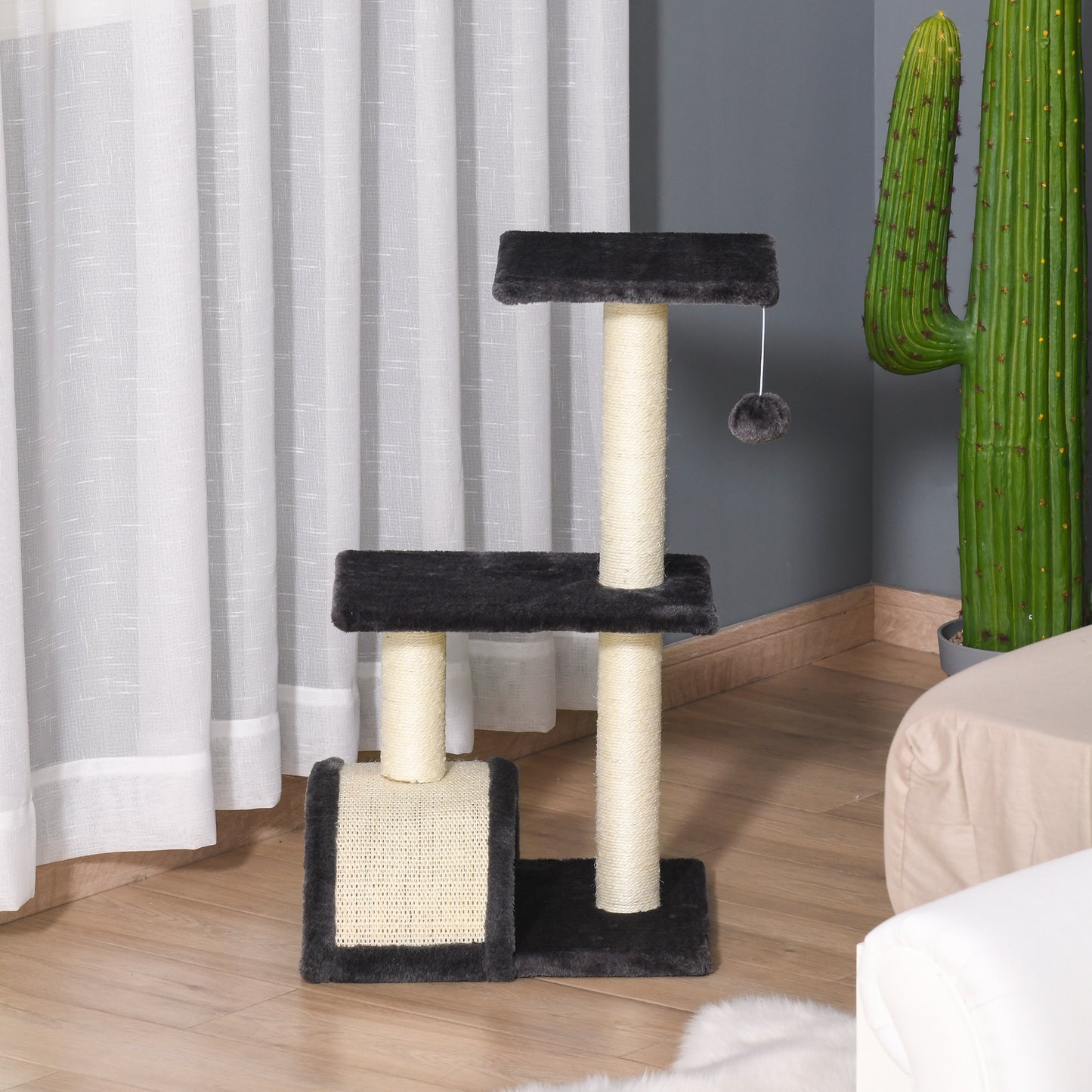 PawHut Kratzbaum 72 cm Katzenturm mit Plüschballen, Sisalstämme, Plattform, Kratzbrett mehrstöckiger Katzenkratzbaum, Kletterbaum, für mittelgroße Katzen, Grau