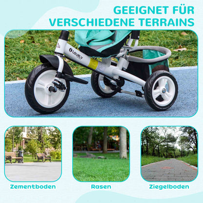 HOMCOM Kinder-Dreirad, Kinderfahrrad, Rückenkorb, Becherhalter, Sonnendach, Metall, Grün