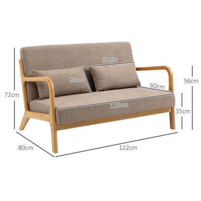 HOMCOM 2-er Sofa, 2-Sitzer, kleines Sofa, Retrodesign, 2 Kissen, Kautschukholz, Braun + Natur