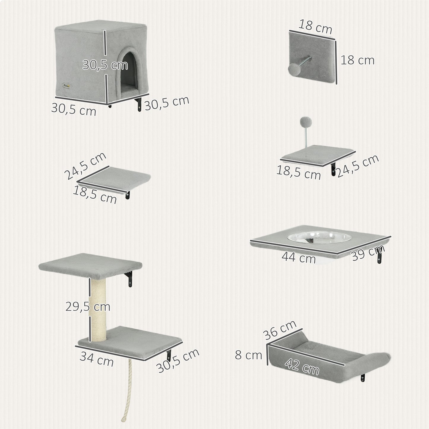 PawHut Kletterwand Katzen 7-teilig Katzen Kletterwand Set med Katzenhaus, Plattform, Plattform Grau