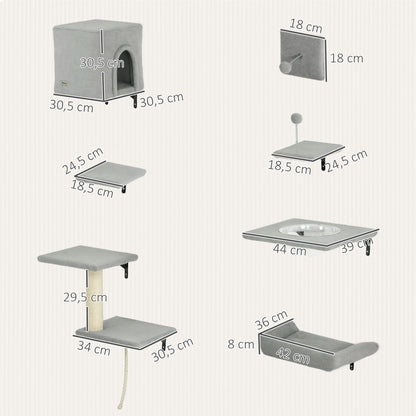 PawHut Kletterwand Katzen 7-teilig Katzen Kletterwand Set med Katzenhaus, Plattform, Plattform Grau