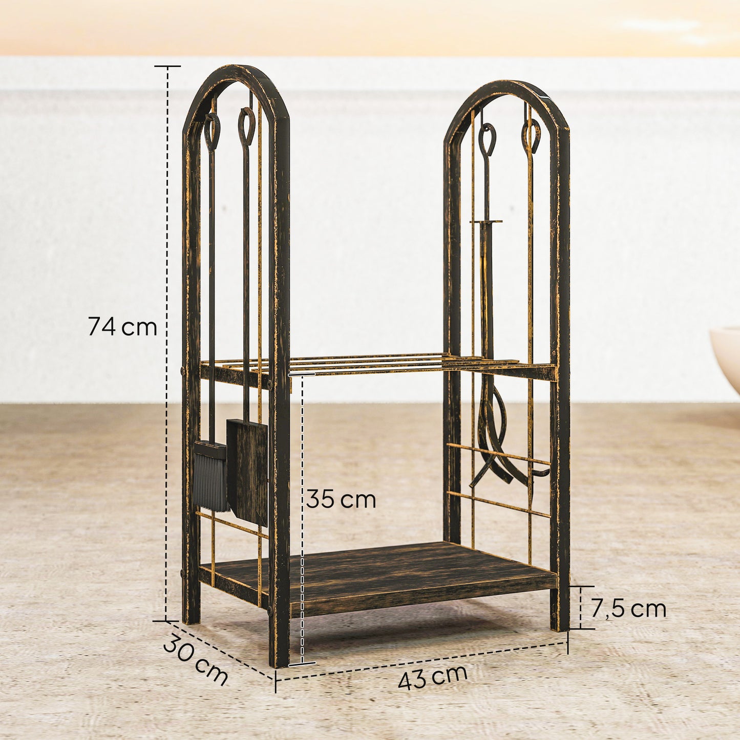 Outsunny Kaminholzregal för inomhus 43 x 30 x 74cm 2 Ebenen Brennholzregal mit 4 Kaminwerkzeug, Haken