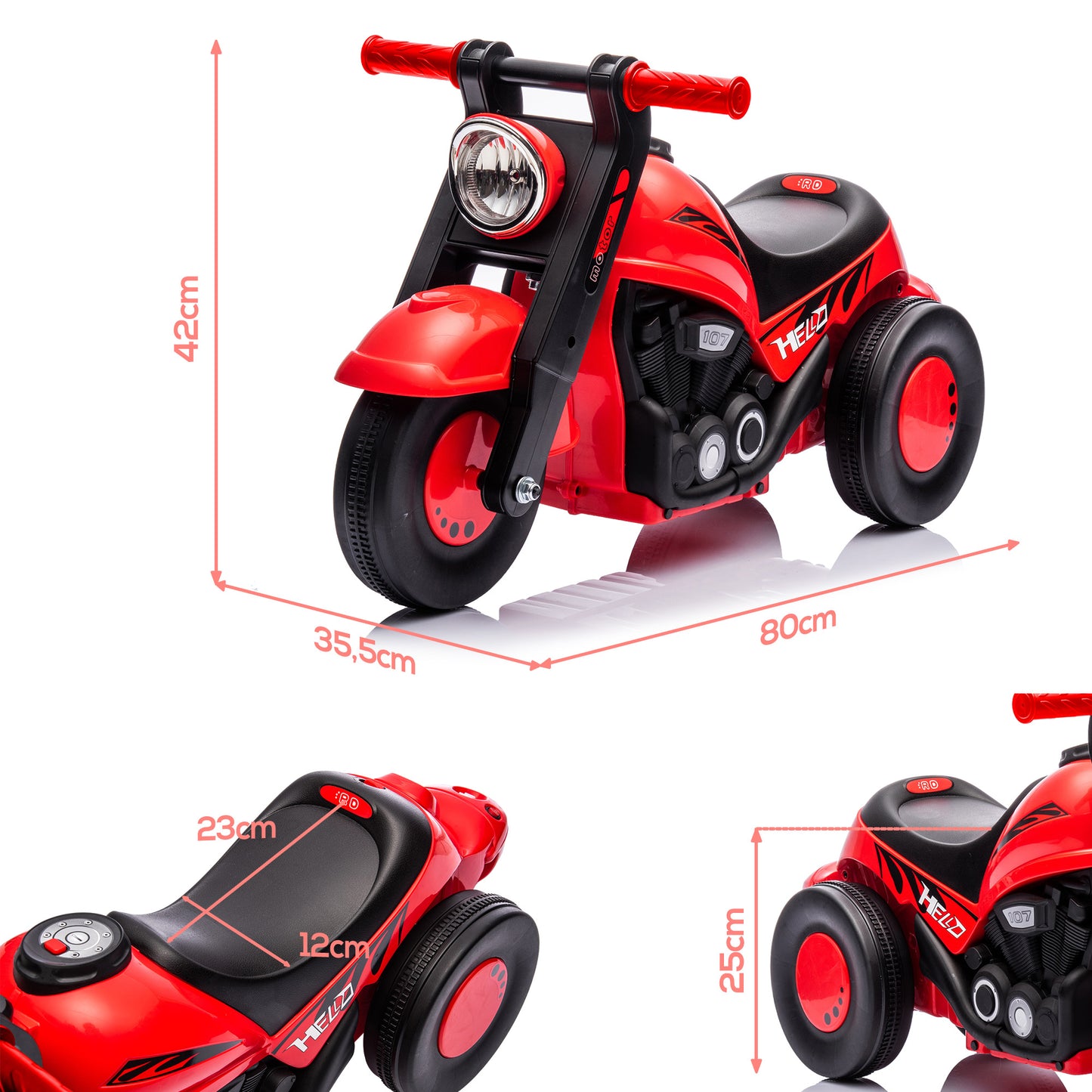 AIYAPLAY Rutschauto, Motorrad-Design, Musik und Seifenblasen, für 2-5 Jahre, Rot