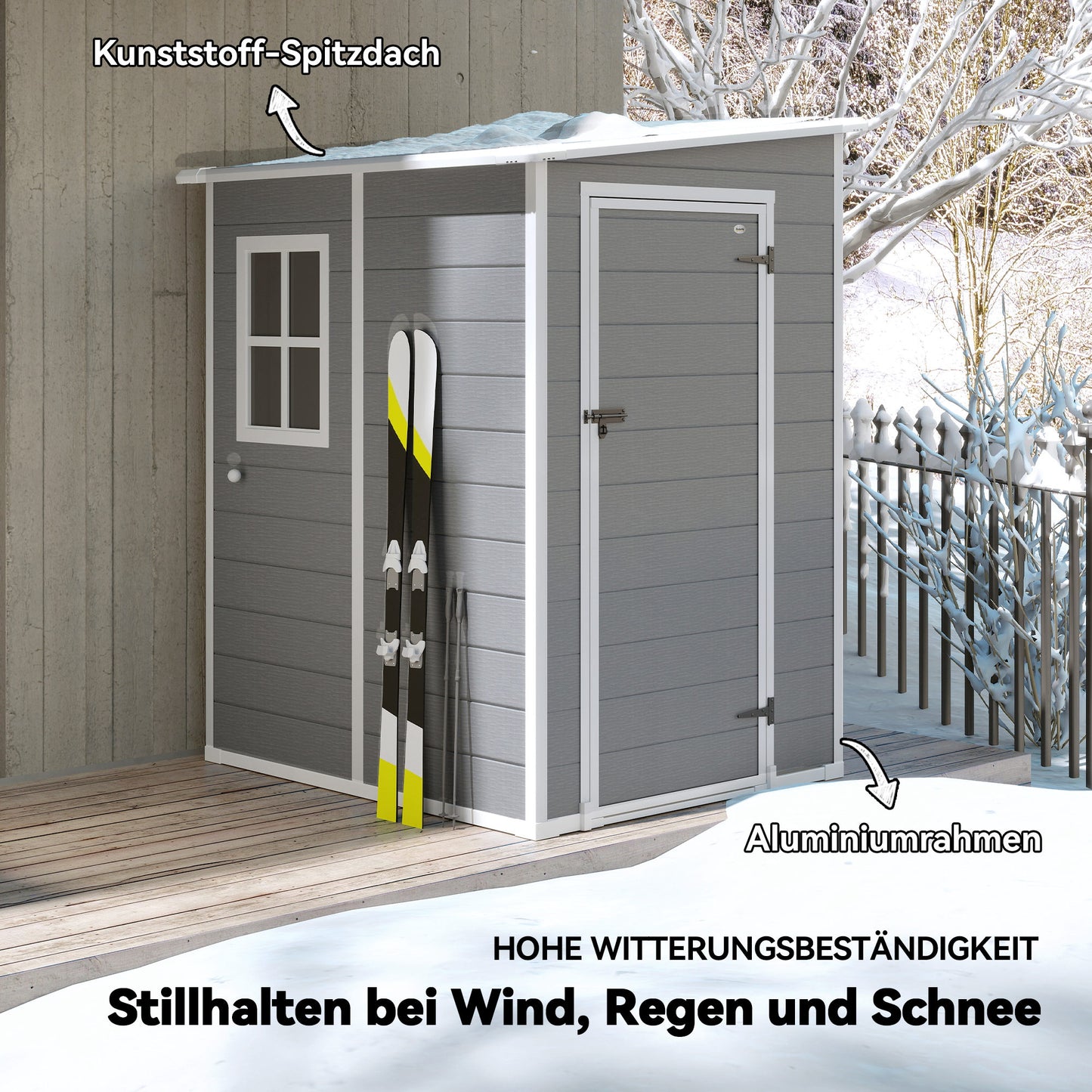 Outsunny Geräteschuppen, Tür mit Schloss, Fenster für Tageslicht &amp; Belüftung, Aluminium, 122 x 149 x 192/177 cm Grau