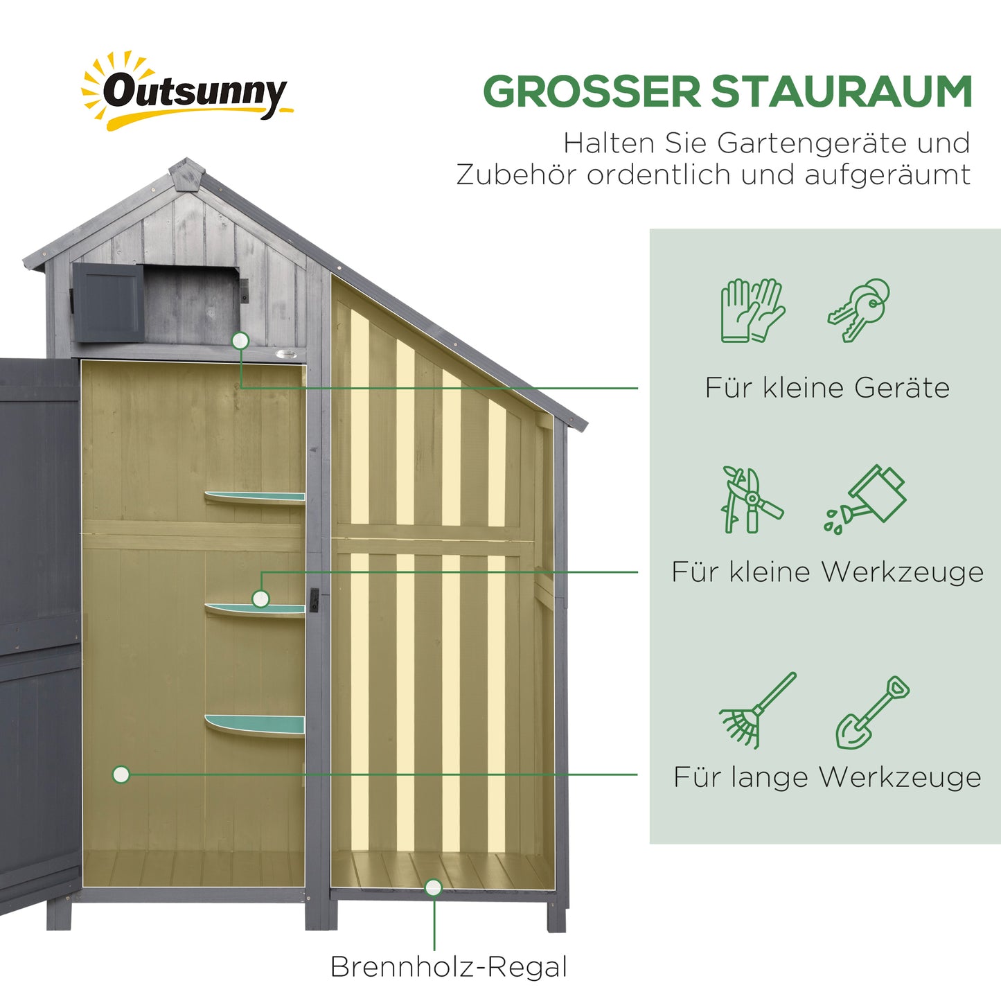 Outsunny Gartenschrank, offenes Brennholzfach, verriegelbare Tür, wetterfest, Naturholz, 129 x 51,5 x 180cm, grau+schwarz