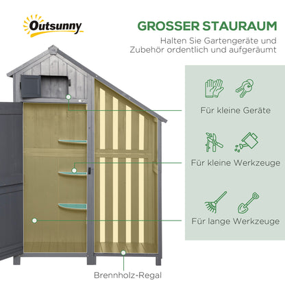 Outsunny Gartenschrank, offenes Brennholzfach, verriegelbare Tür, wetterfest, Naturholz, 129 x 51,5 x 180cm, grau+schwarz