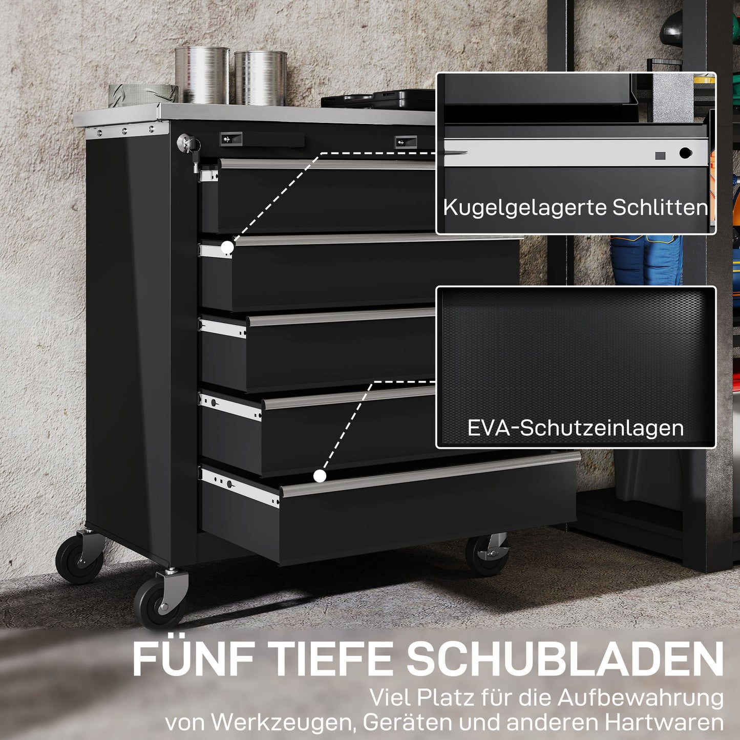 HOMCOM Werkzeugschrank mit 5 Schubladen, rollbare Werkzeugkiste, Werkzeugwagen aus Stahl, Silberton+Schwarz