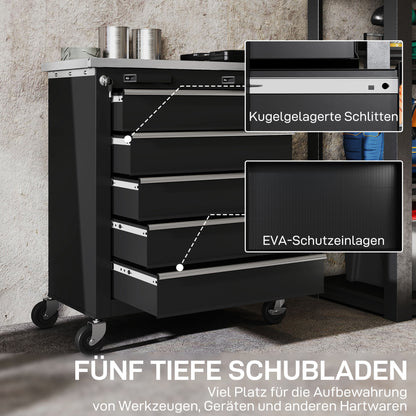 HOMCOM Werkzeugschrank mit 5 Schubladen, rollbare Werkzeugkiste, Werkzeugwagen aus Stahl, Silberton+Schwarz