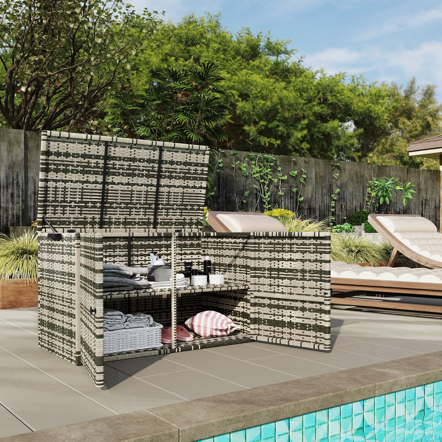 Outsunny Rattan Auflagenbox 350L 2-Ebenne Kissenbox mit Deckel Hebestangen Tragegriffe 118 x 57 x 69 cm Mischgrau