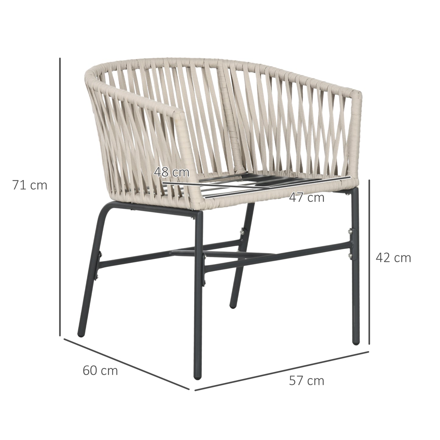 Outsunny Terrassenstuhl 2er-Set, Boho-Stil, bequeme Sitzschale, Sitzauflagen, waschbarer Bezug, Metallrahmen, Beige