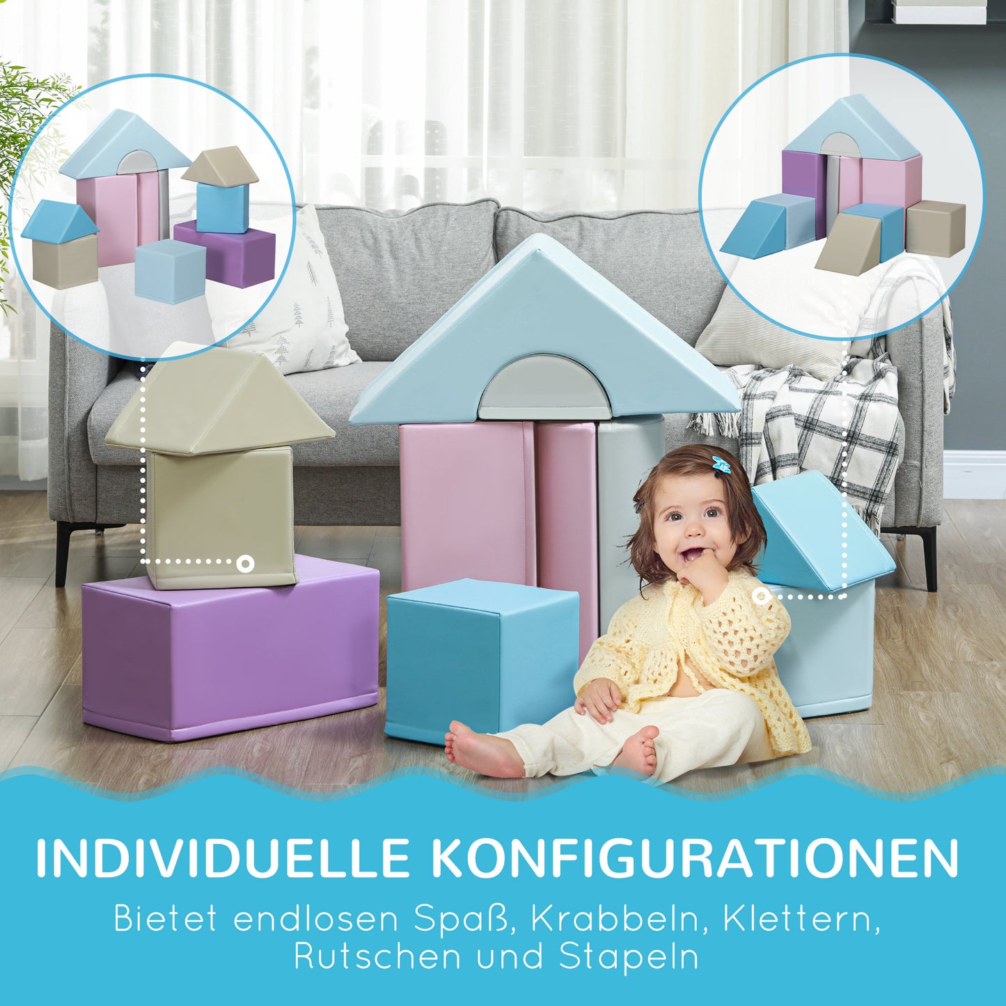 HOMCOM 11-tlg. Softbausteinset, Schaumstoffbausteine zum Toben und Klettern, für Kinder, 1-3 Jahre, Kunstlederbezug, Bunt