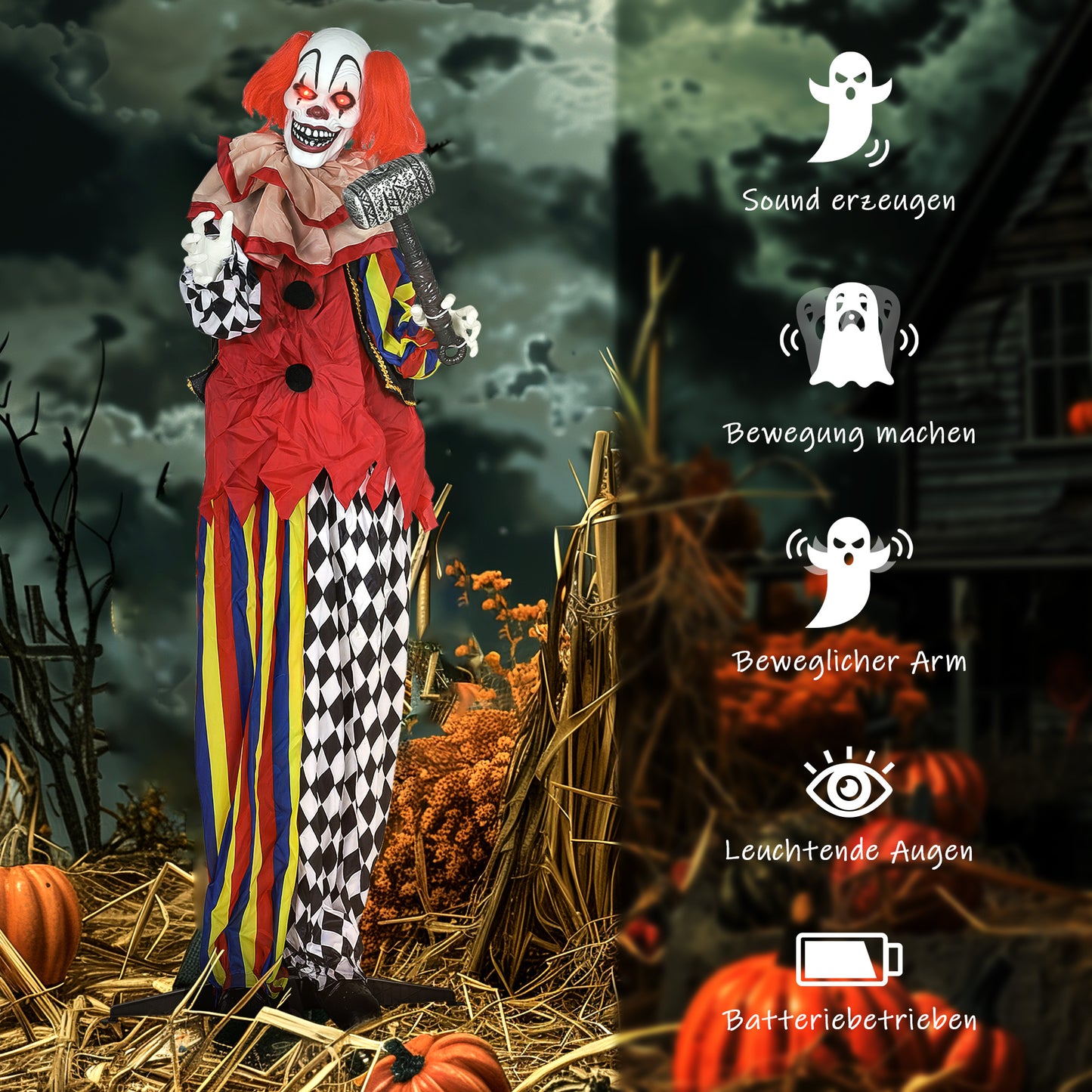 Outsunny Grusel-Clown, Halloween-Animatronik, 173 cm, leuchtende Augen, Geräusch-Aktivierung, bewegliche Arme und Kopf, Batteriebetrieb, Kunststoff, Metall, Rot