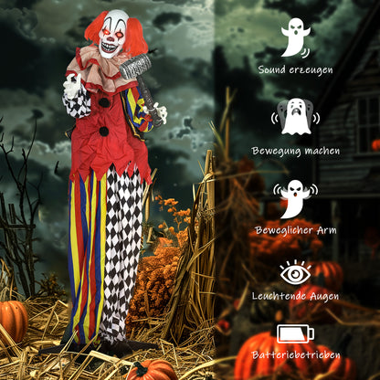 Outsunny Grusel-Clown, Halloween-Animatronik, 173 cm, leuchtende Augen, Geräusch-Aktivierung, bewegliche Arme und Kopf, Batteriebetrieb, Kunststoff, Metall, Rot