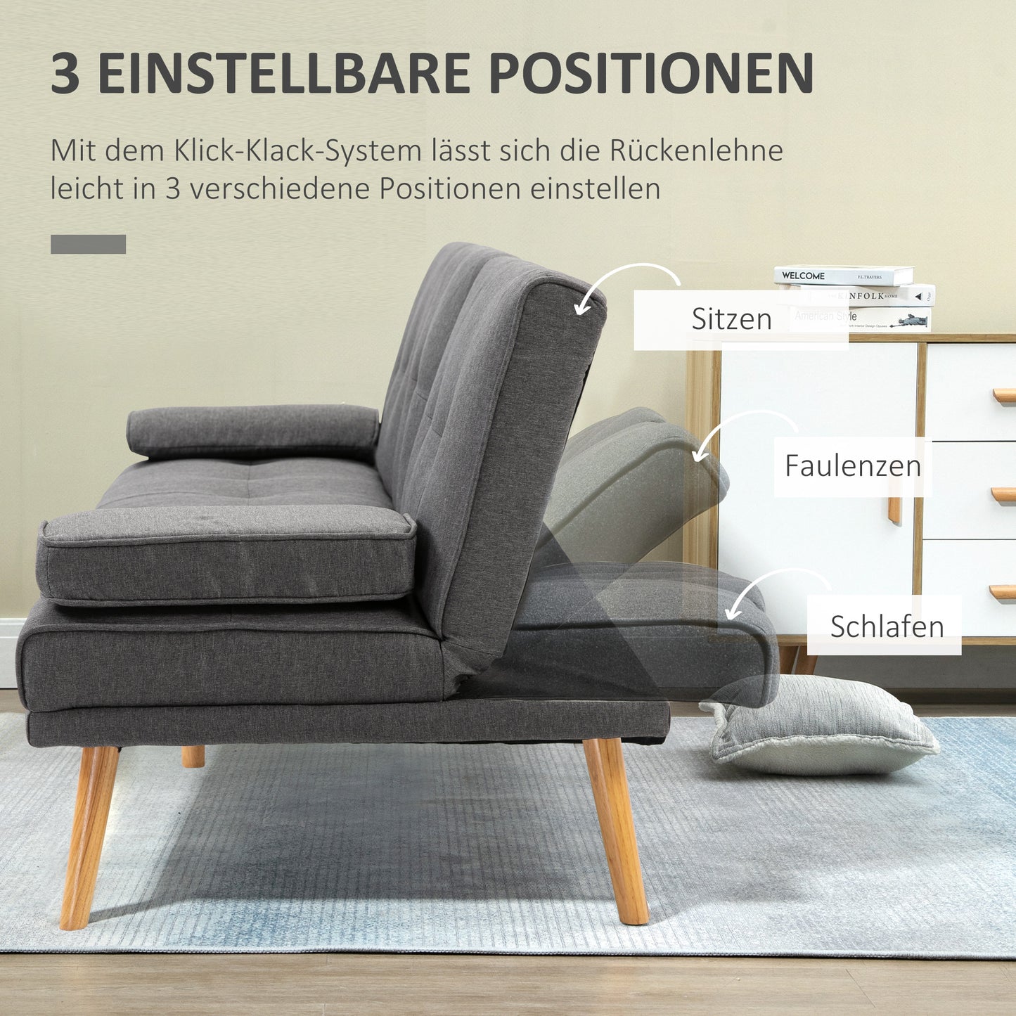 HOMCOM Schlafsofa im Skandi-Design, 3-Sitzer-Sofa, 2 Kissen, Grau + Natur