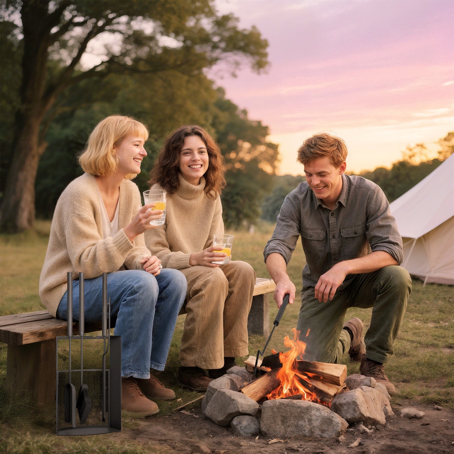 Outsunny Kaminbesteck Set 5teilig Kaminzubehör mit Besen, Schaufel, Schürhaken Zange Ständer Metall, Schwarz