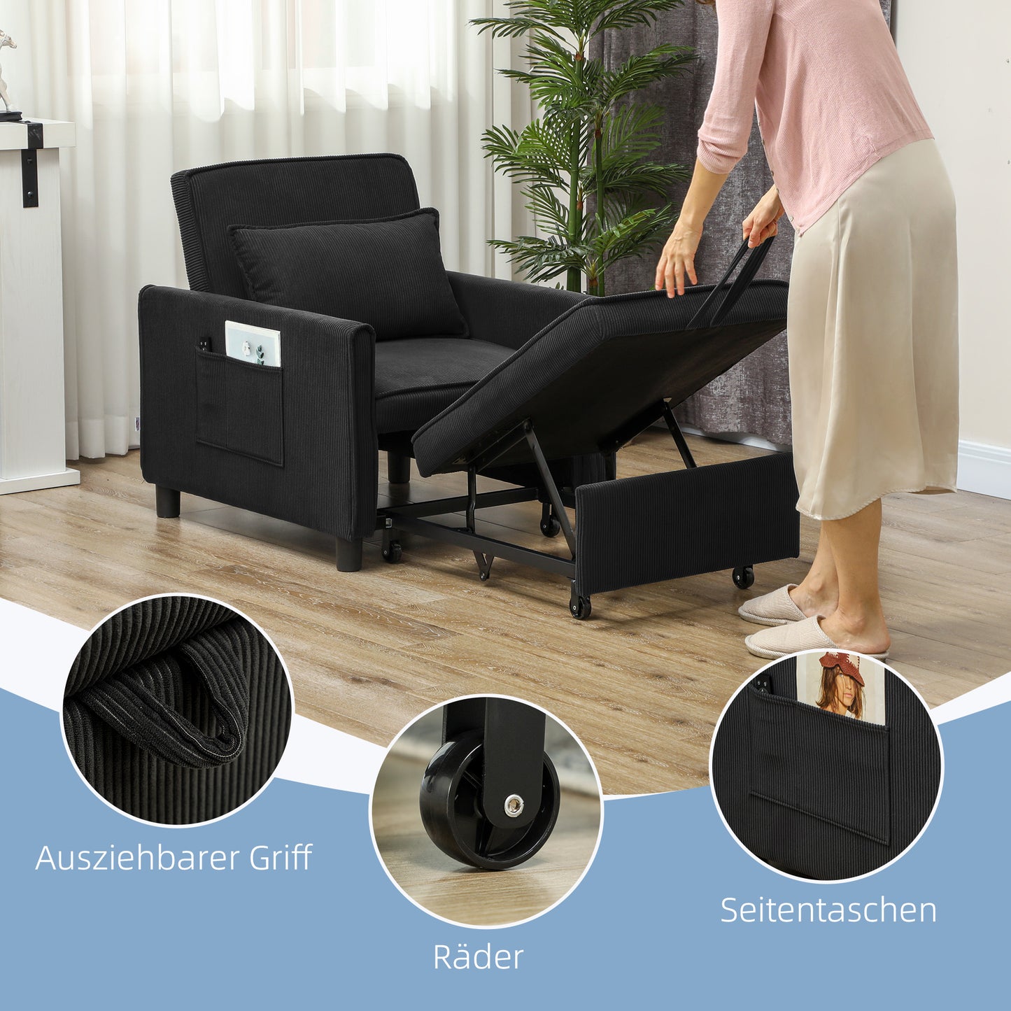 HOMCOM Schlafsessel, verstellbar, 3 Positionen, Cordbezug, bis 120 kg, Schwarz