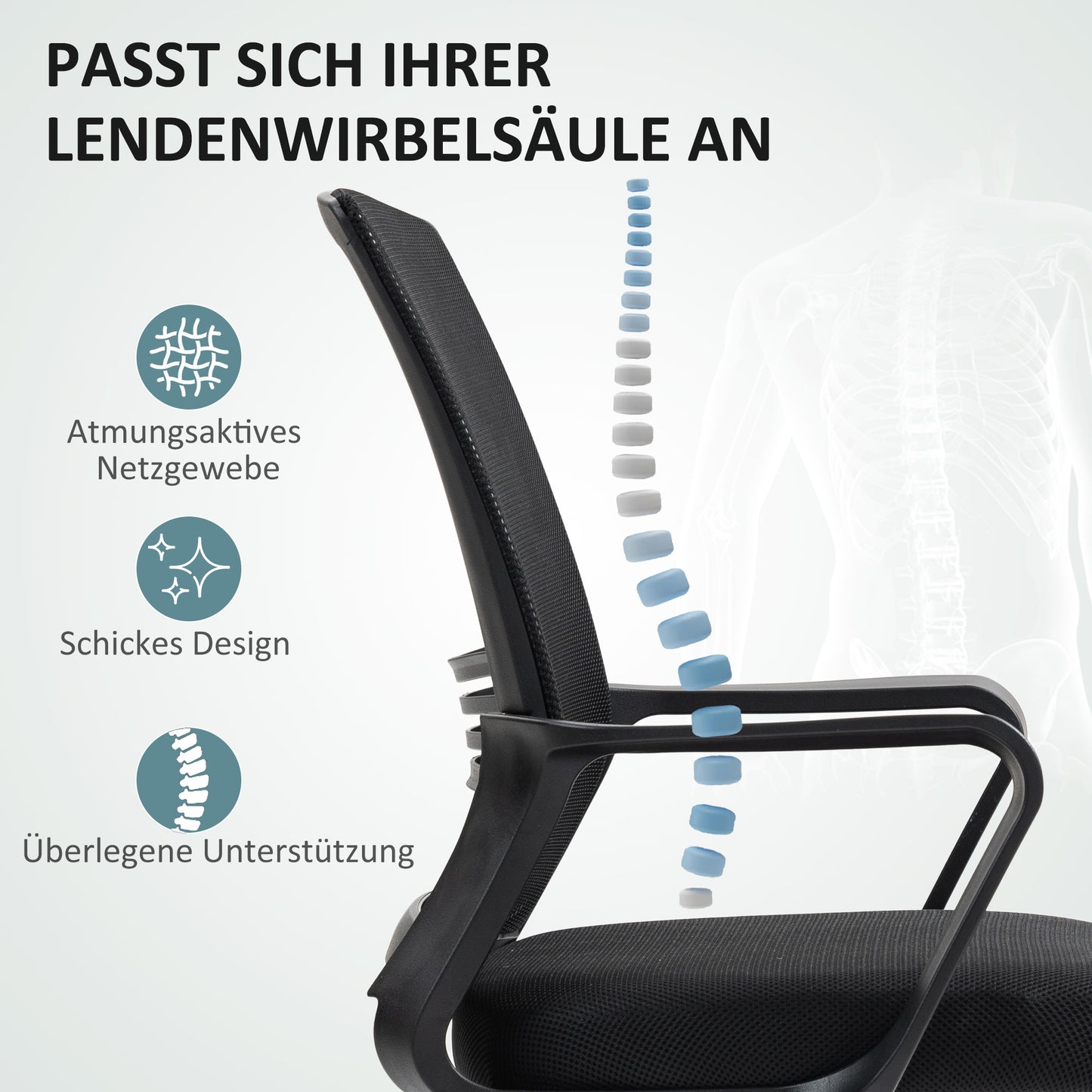 HOMCOM Bürostuhl, Drehstuhl, drehbarer Schreibtischstuhl, verstellbar, rollbar, Schwarz