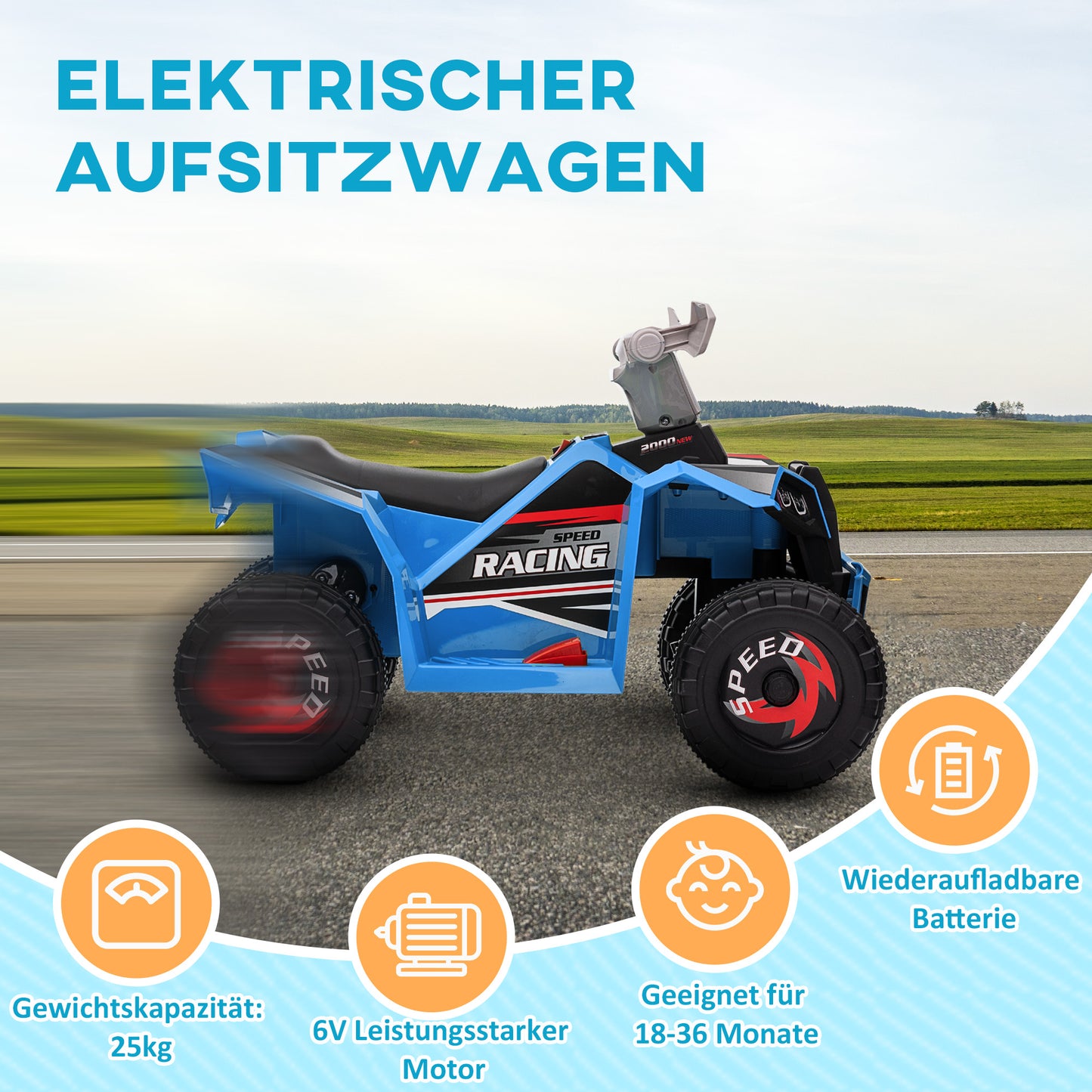 HOMCOM Elektro-Kinderquad, 2,5 km/h, Vorwärts- & Rückwärtsgang, für 18-36 Monate, Blau