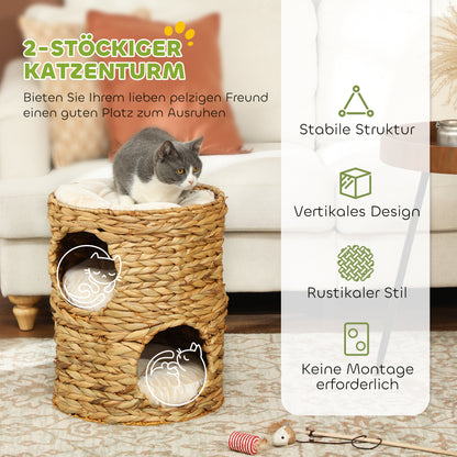 PawHut Kratztonne, 50 cm, 2 Höhlen, Kissen, Kratzbaum mit Katzenbett, Katzenturm aus Wasserhyazinthe, Hellbraun