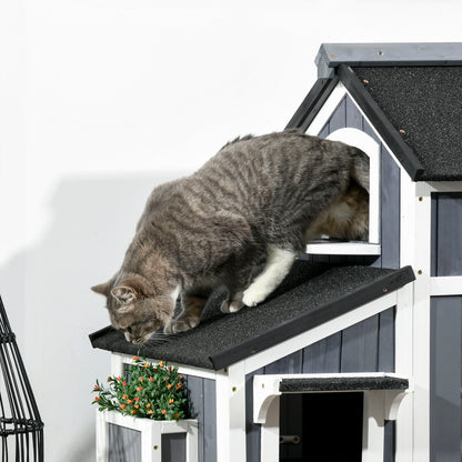 PawHut Outdoor-Katzenhaus, zweistöckig, Bodenabstand, Naturholz, Asphaltdach, grau, 96 x 65 x 85,5 cm