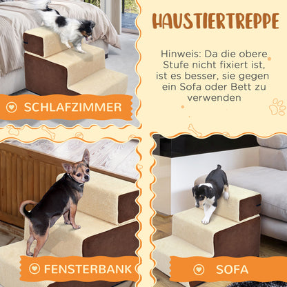 PawHut Haustiertreppe Hundetreppe Katzentreppe 3 Stufen für Katzen und Hunde Plüsch Beige 54 x 40 x 39cm