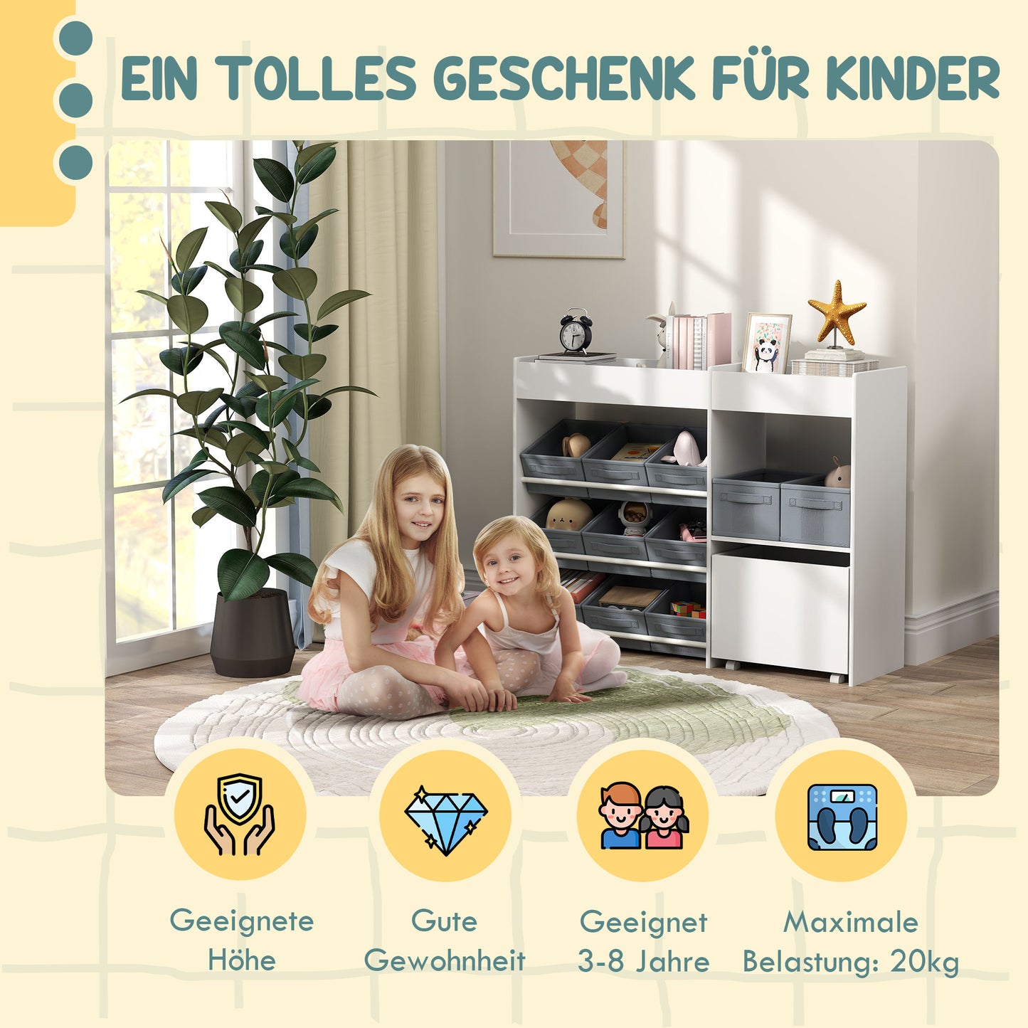 AIYAPLAY Kinder-Aufbewahrungsregal, Spielzeugschrank für Kinder mit 11 Stoffboxen, oberen Fächern, 3 Stickern, Weiß