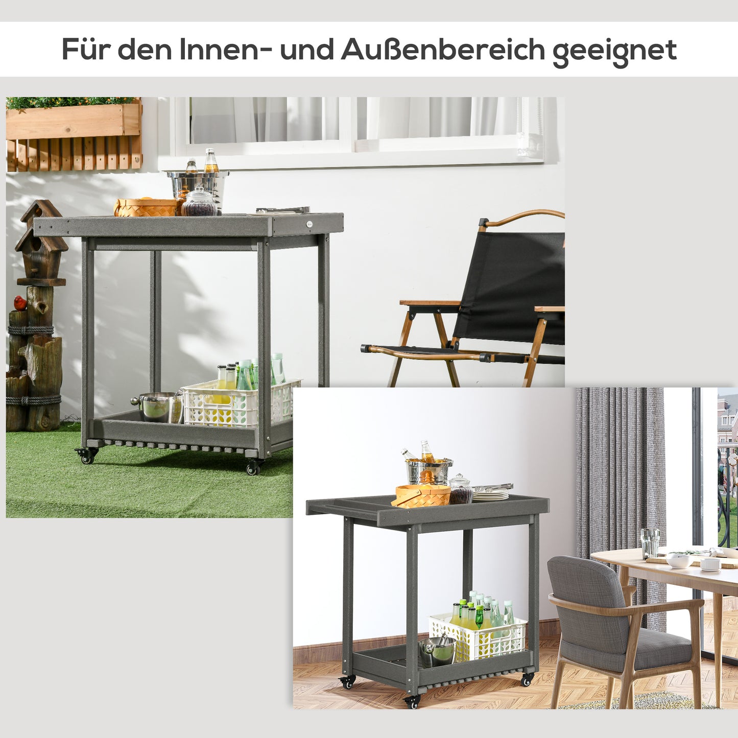 Outsunny Servierwagen mit Handtuchhaltern, 1 untere Ablage, 4 Rollen, 87 cm x 50 cm x 80 cm, Dunkelgrau