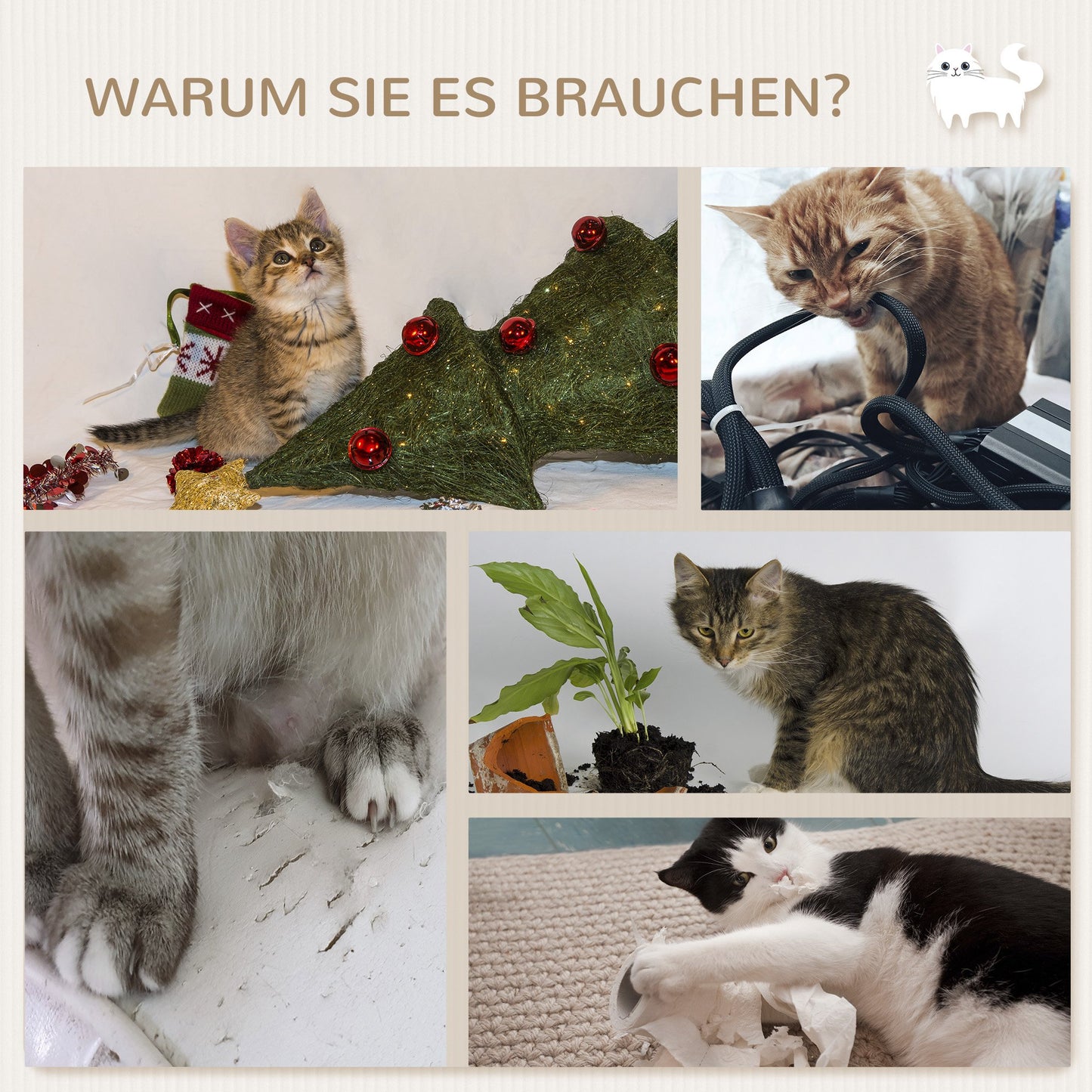 PawHut Kletterwand-Set för Katzen, 4-teilig, mit Katzentreppe, Hängematte, Plattform och Kratzbaum, Beige